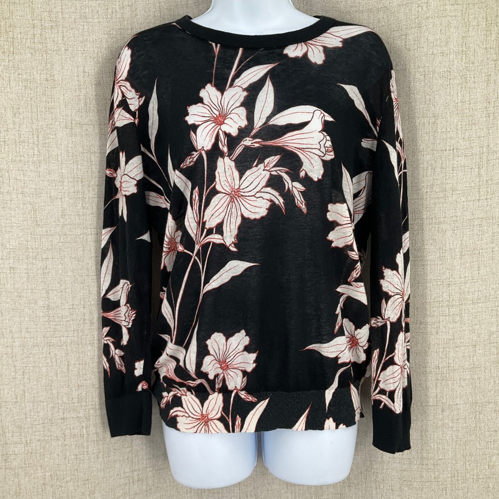Lauren Ralph Lauren Knit Top Womens L Black Cotton Linen Floral Lily Print Airy